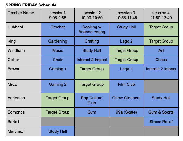 List of available clubs for the spring semester. Please call the office if you have any questions